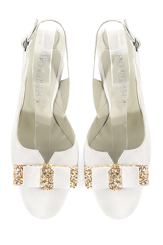 Off white and gold women's open back shoes, with a knot. Round toe. Very high slim heel. Top view - Florence KOOIJMAN